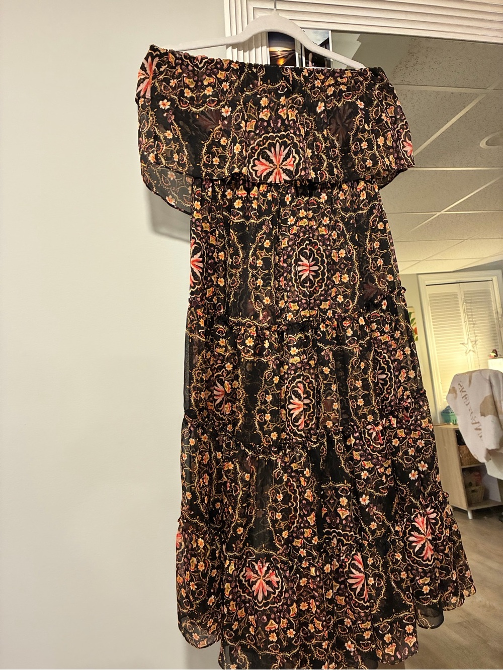 Misa Los Angeles Black Midi Dress with Pink and Gold Floral Print